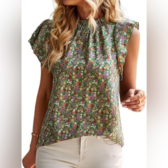 NEW Khaki Green Ditsy Floral Flutter Sleeve Frill Neckline Blouse - Picture 2 of 8